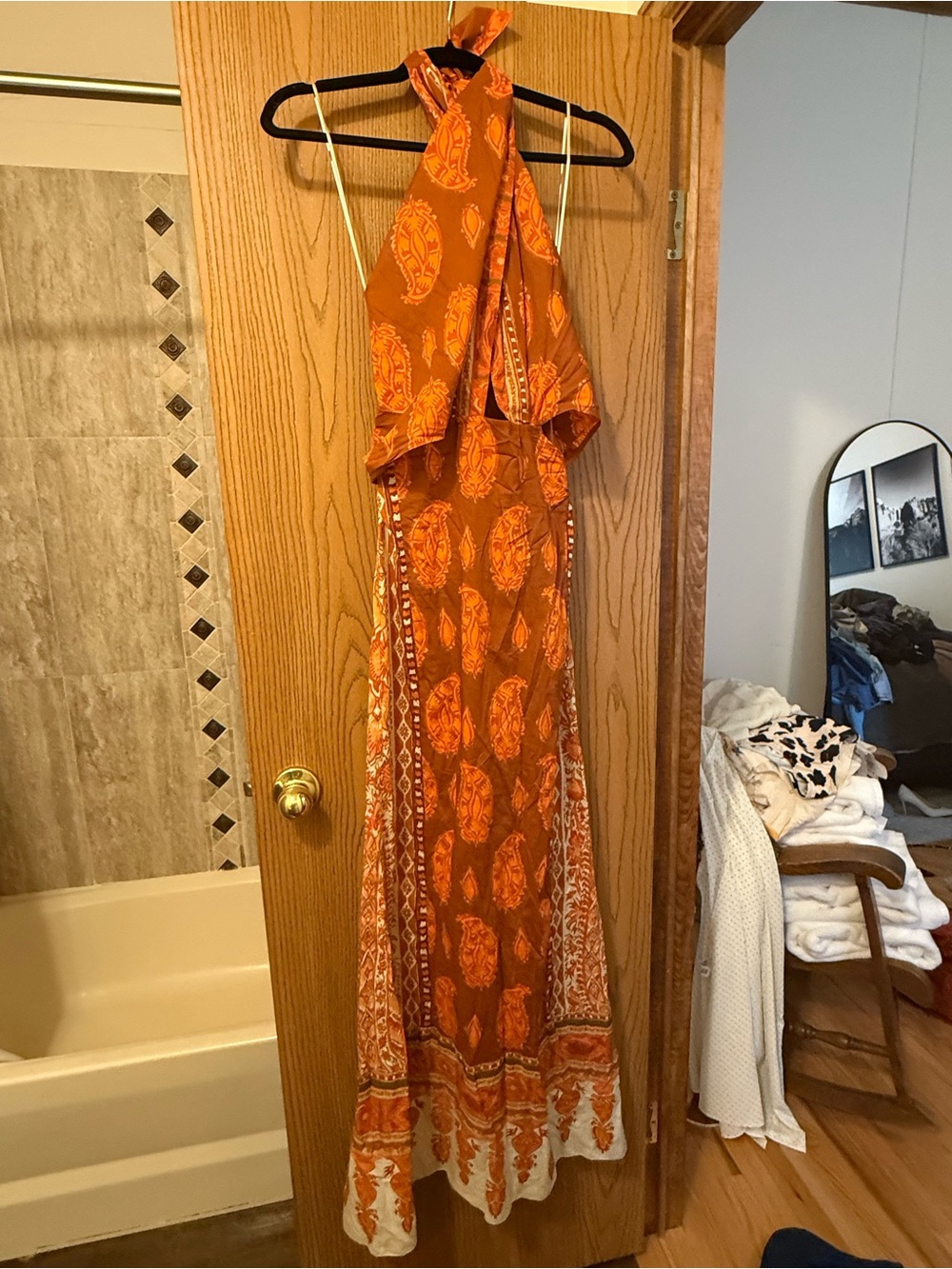Johanna Ortiz Burnt Orange Paisley Halter Maxi Dress